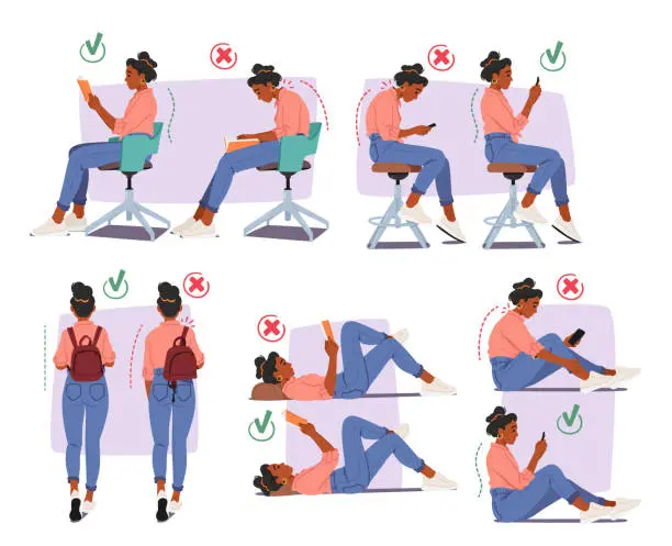 Illustration of correct posture, reading distance, and phone-holding position
