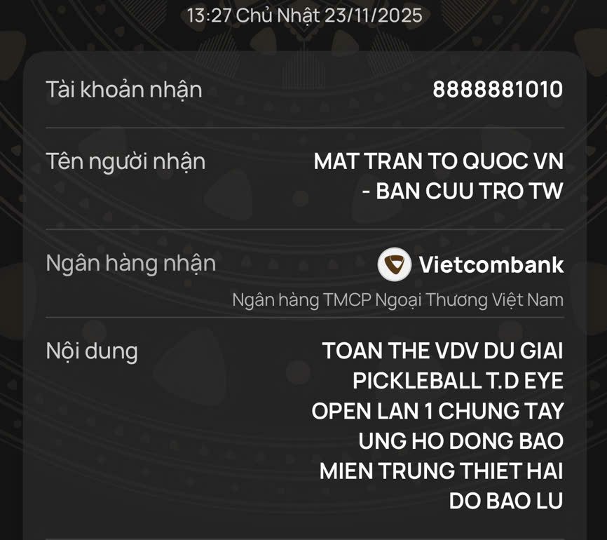 Toàn bộ số tiền đã được T.D Eye thay mặt toàn thể VĐV tham gia giải chuyển đến Quỹ Cứu Trợ Trung ương