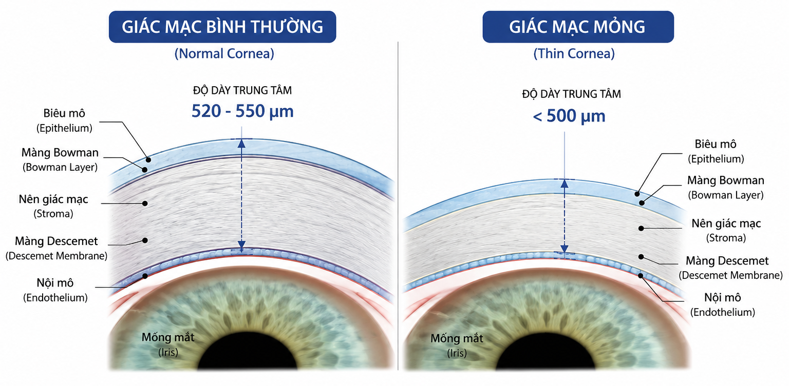 Hình minh họa so sánh giác mạc bình thường và giác mạc mỏng
